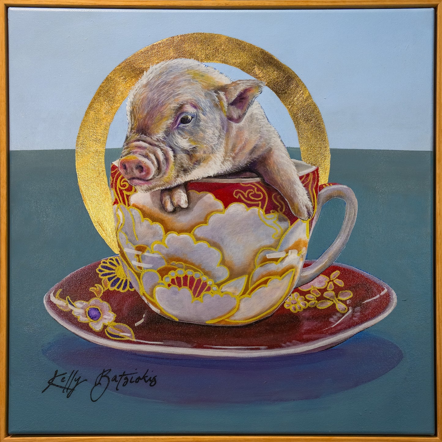 Playful teacup pig painted in mixed media with gold foil details, inspired by Maxwell & Williams designs from Kelly Batsiokis’ Teaparty Series.