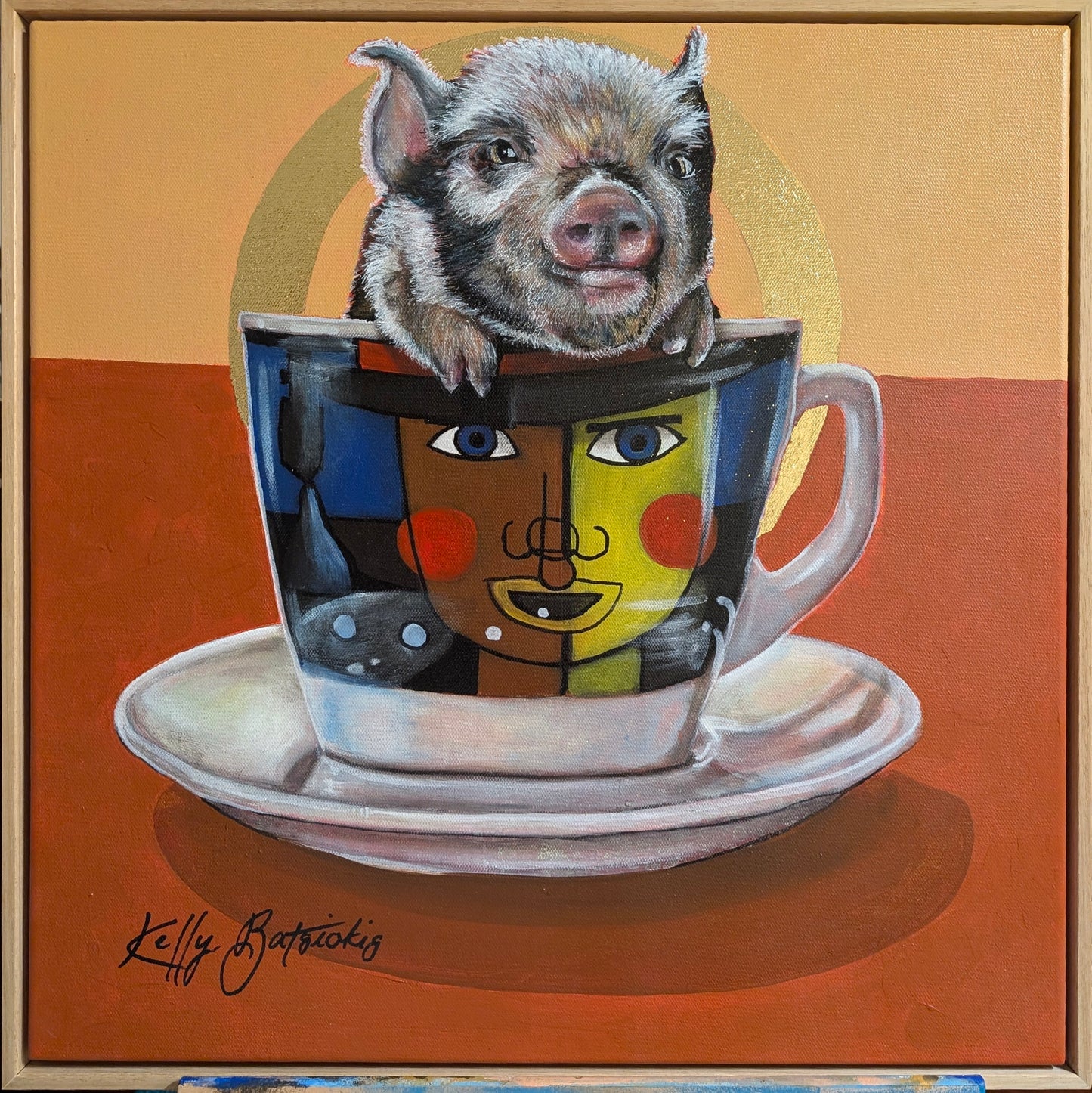 Playful teacup pig painted in mixed media with gold foil details, inspired by Maxwell & Williams designs from Kelly Batsiokis’ Teaparty Series.