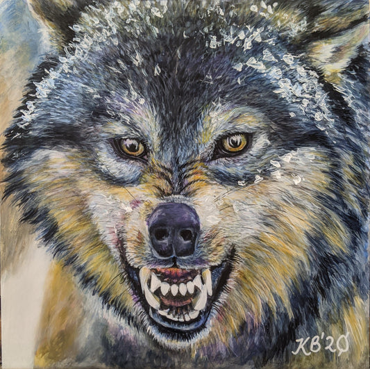 Alpha Wolf – A powerful acrylic painting capturing the intense gaze and commanding presence of a wolf, symbolising strength and leadership. Art by Kelly Batsiokis.