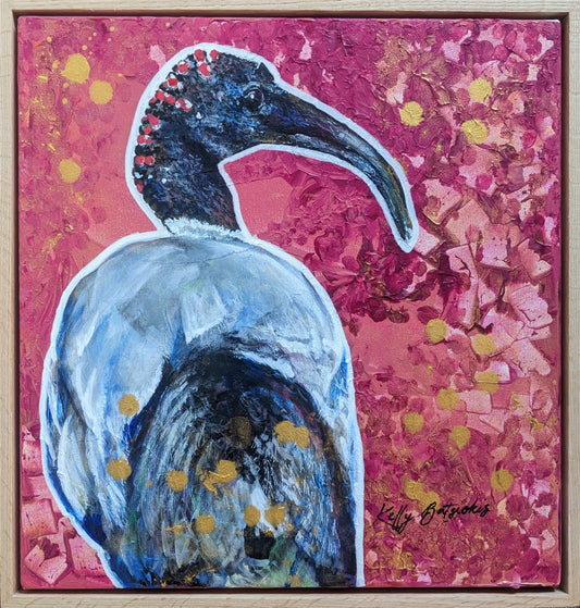 Benny the Bin Chicken – A playful tribute to Australia’s iconic ibis, capturing its charm and character with bold textures. Original art by Kelly Batsiokis.