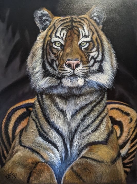 Empress - Sumatran Tiger – A regal acrylic painting capturing the piercing gaze and majestic presence of a Sumatran tiger, symbolising power and grace. Art by Kelly Batsiokis.