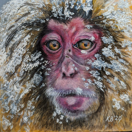 Frozen - Snow Monkey – A captivating acrylic painting of a Japanese macaque with textured snow on its fur, highlighting its expressive eyes. Art by Kelly Batsiokis.