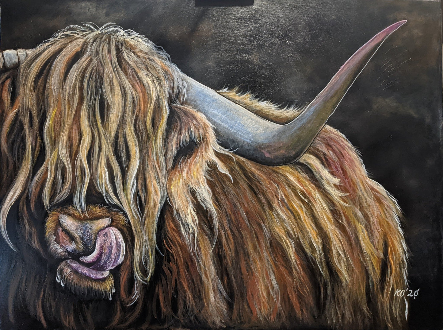 Highlander - Highland Cow – A captivating acrylic painting featuring a Highland cow with a marvellous tan shaggy coat and large horns reflecting warm magenta and blue hues. Art by Kelly Batsiokis.