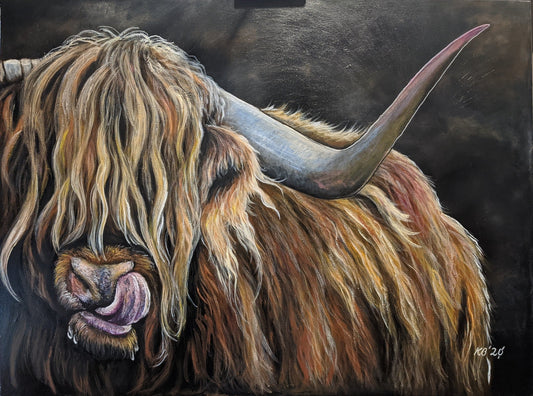 Highlander - Highland Cow – A captivating acrylic painting featuring a Highland cow with a marvellous tan shaggy coat and large horns reflecting warm magenta and blue hues. Art by Kelly Batsiokis.
