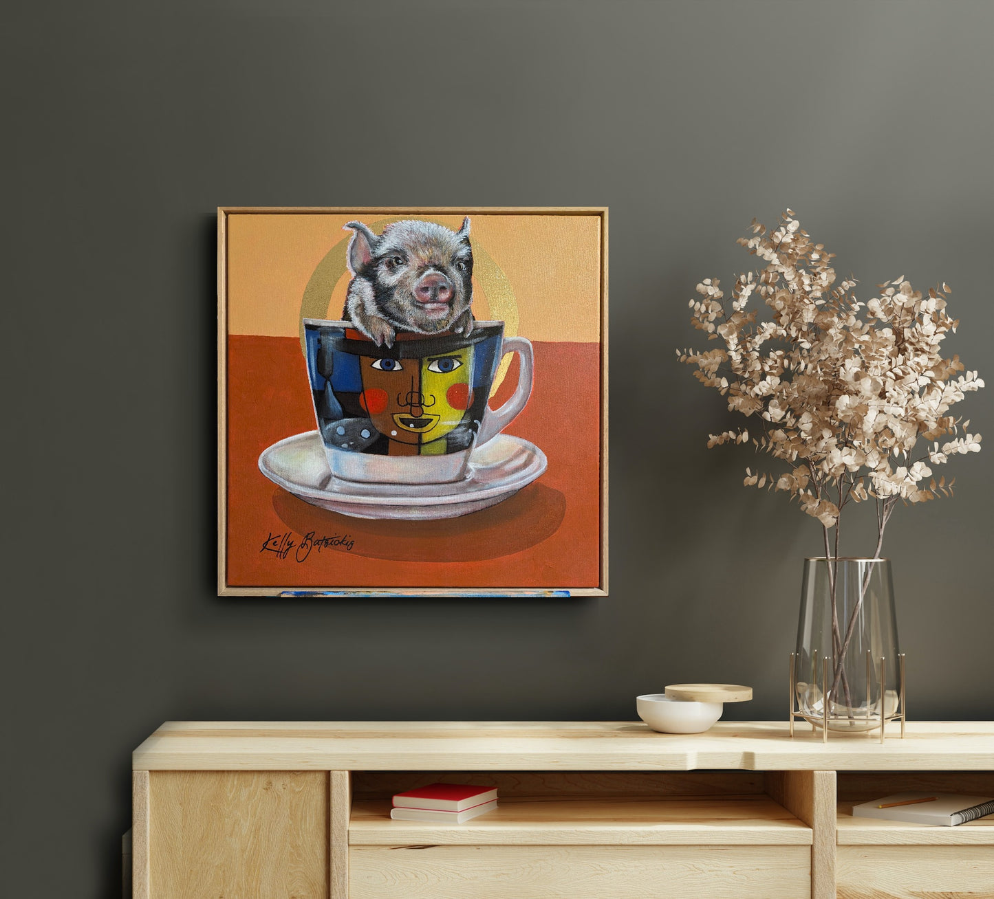 Playful teacup pig painted in mixed media with gold foil details, inspired by Maxwell & Williams designs from Kelly Batsiokis’ Teaparty Series.