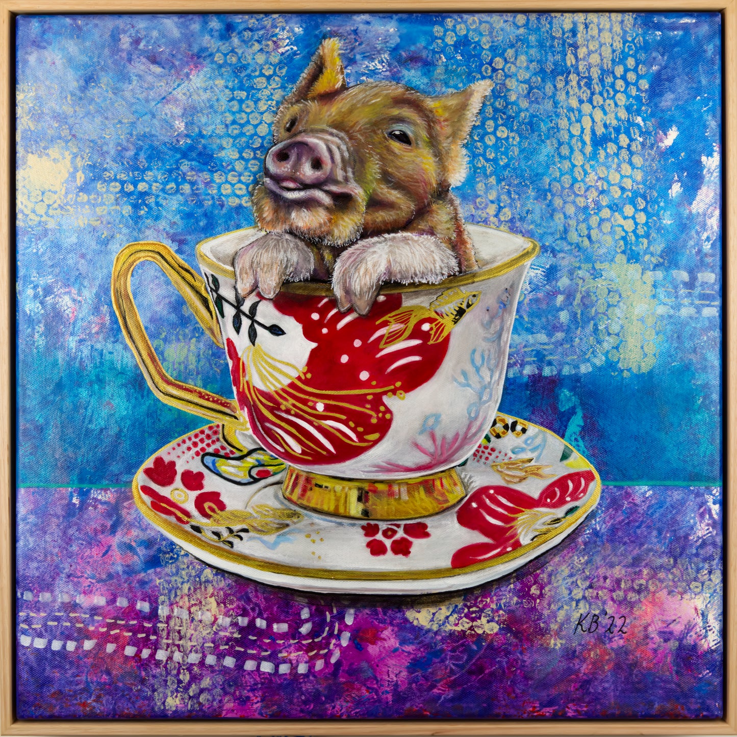 Playful teacup pig painted in mixed media with gold foil details, inspired by Maxwell & Williams designs from Kelly Batsiokis’ Teaparty Series.