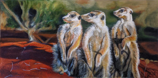Meerkat Mob on Patrol – A captivating artwork depicting a vigilant group of meerkats on the lookout, showcasing their social dynamics and alertness. Art by Kelly Batsiokis.