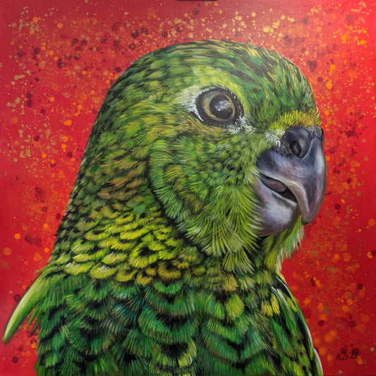 Polly the Ground Parrot – A vibrant acrylic painting capturing the unique beauty of the elusive Australian ground parrot, accented with metallic gold highlights. Art by Kelly Batsiokis.