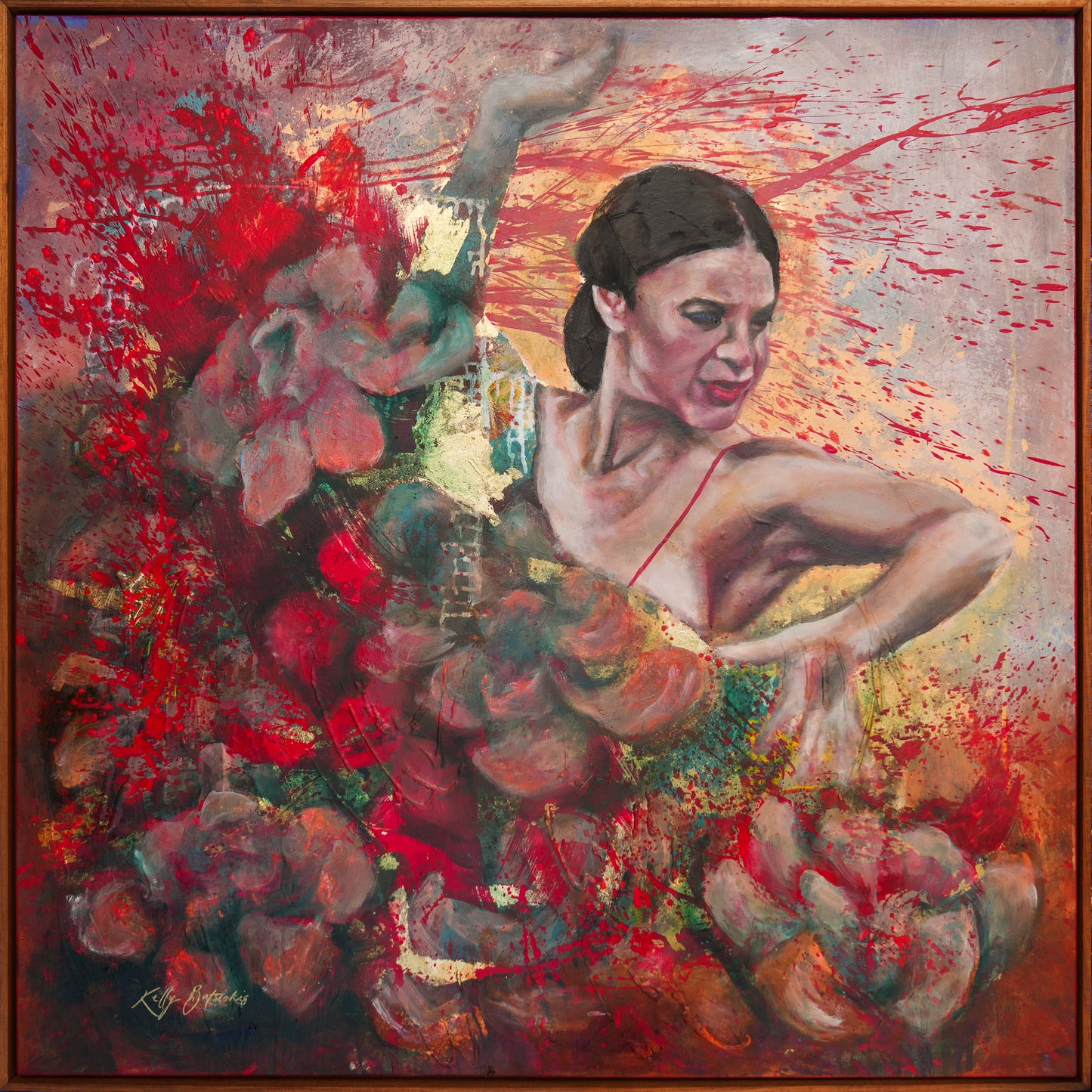 Abstract painting of a dancer with floral elements