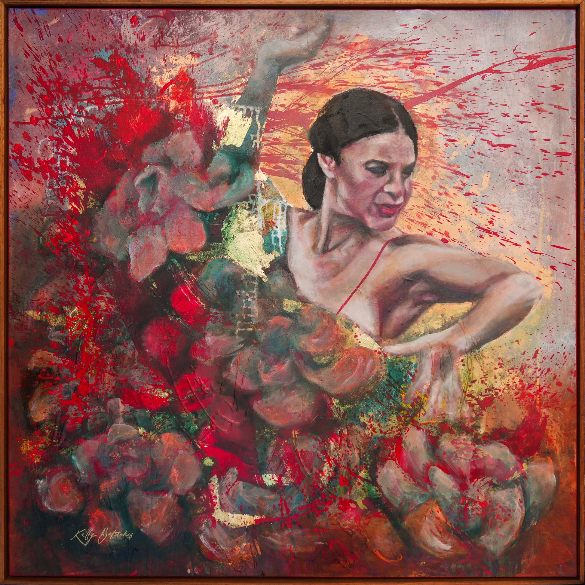 Abstract painting of a dancer with floral elements