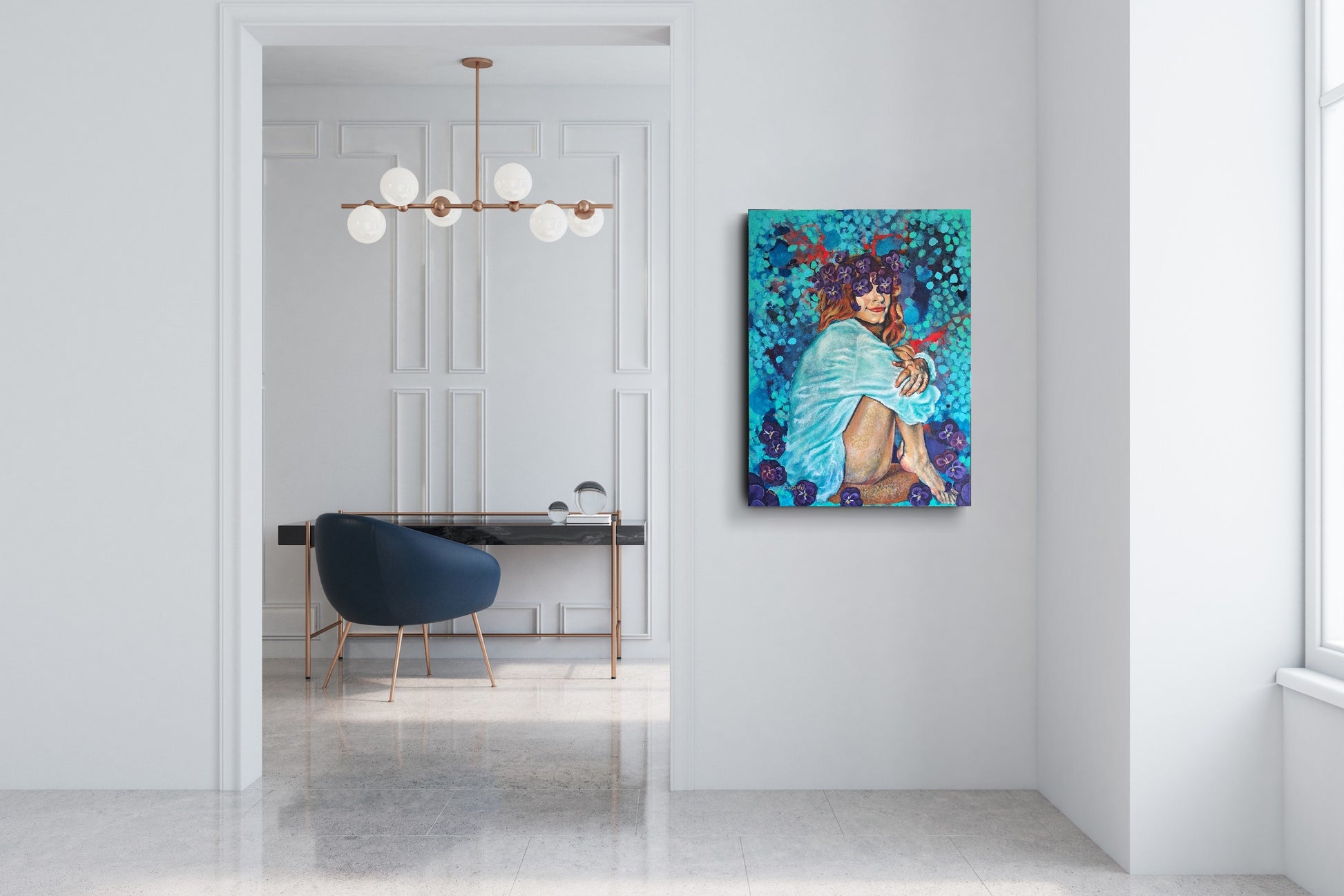 She Sat With Silence II by Kelly Batsiokis styled in a bright, minimalist entryway — original mixed media painting adds warmth and symbolism to a crisp, modern interior.