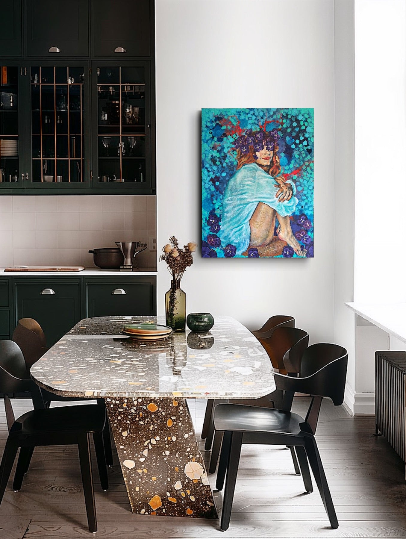 She Sat With Silence II artwork by Kelly Batsiokis styled in a modern kitchen interior — large original mixed media painting with feminine figure and gold pansies, adding emotional depth and elegance to a contemporary space.