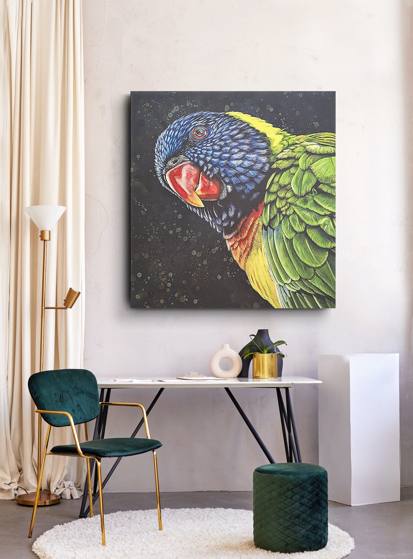 Unframed fine art reproduction print of Shazza the Rainbow Lorikeet by Kelly Batsiokis on a wall above a table with decor items for scale. Please note this print is sent rolled in a tube and will require stretching for this presentation.