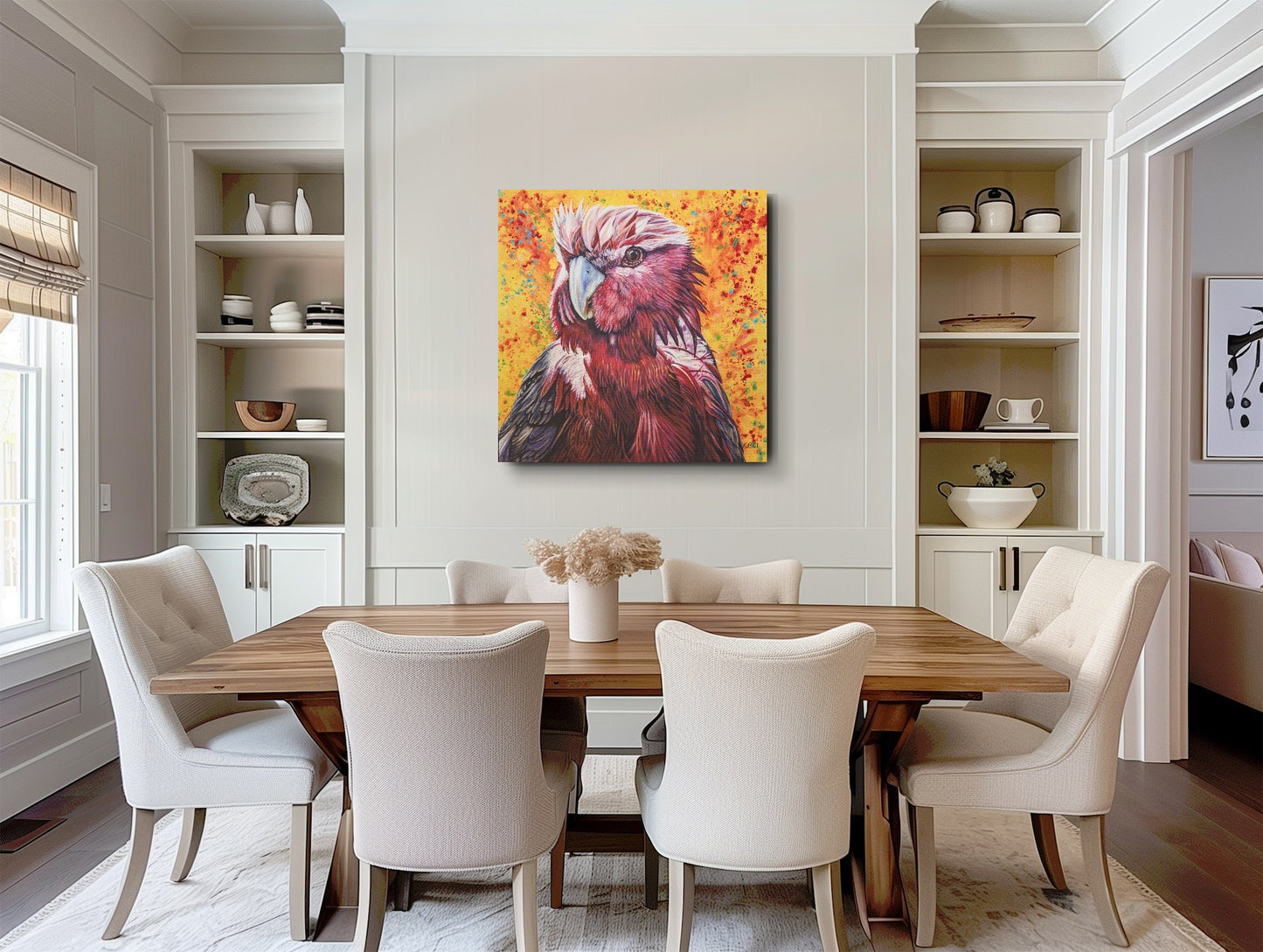 Dining room with a wooden table and white chairs, featuring a fine art print of Wally the Galah by Kelly Batsiokis on the wall to show scale. Please note this print is sold rolled and will require stretching for hanging/presentation.