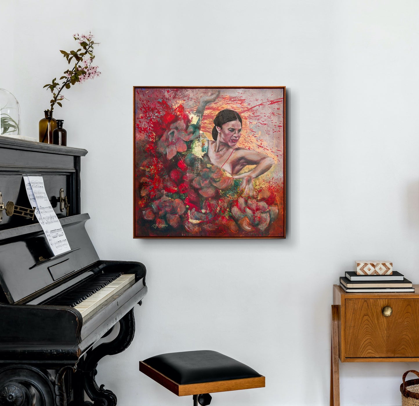 Piano with a colorful abstract painting on the wall above it.