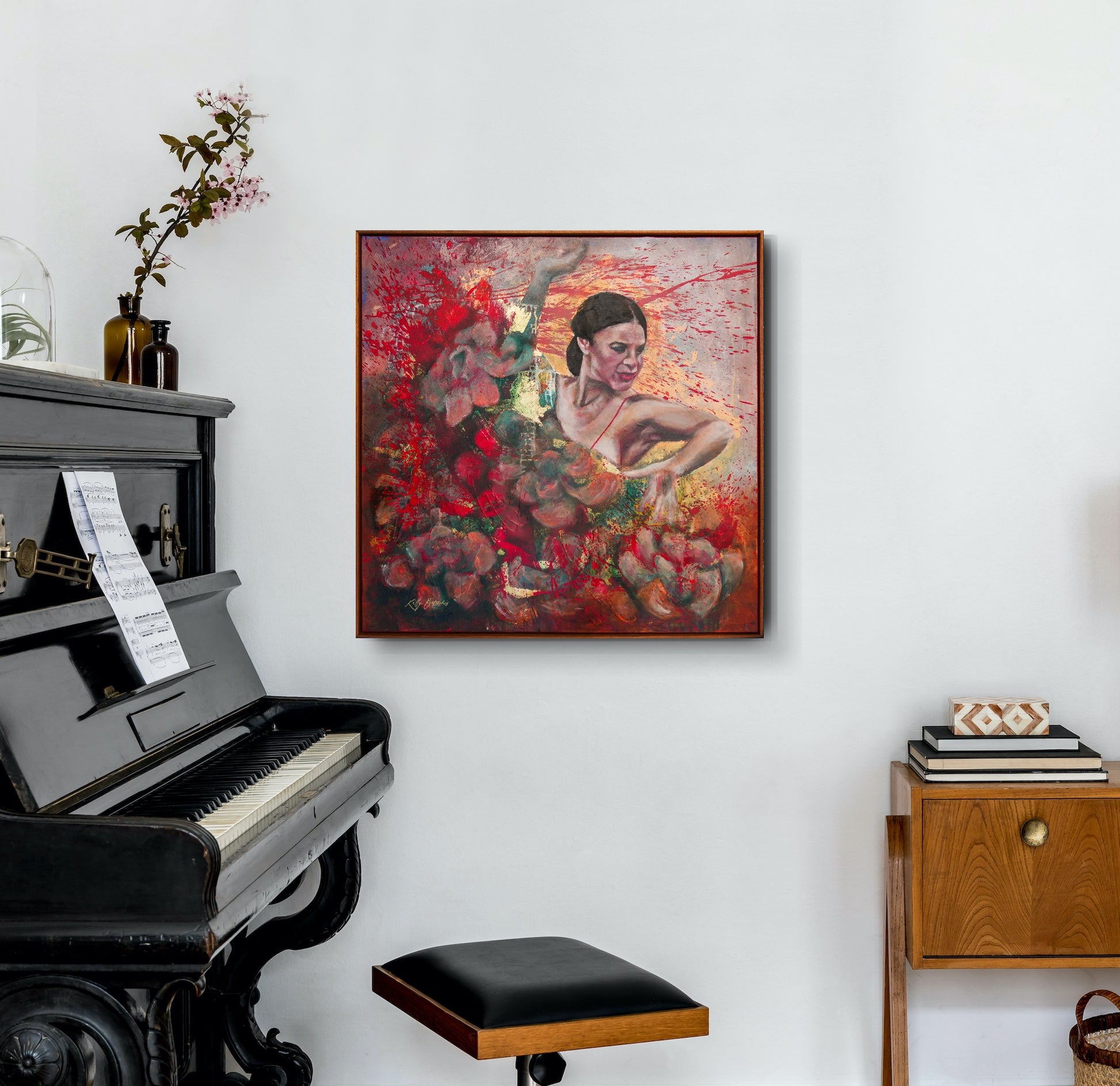 Piano with a colorful abstract painting on the wall above it.