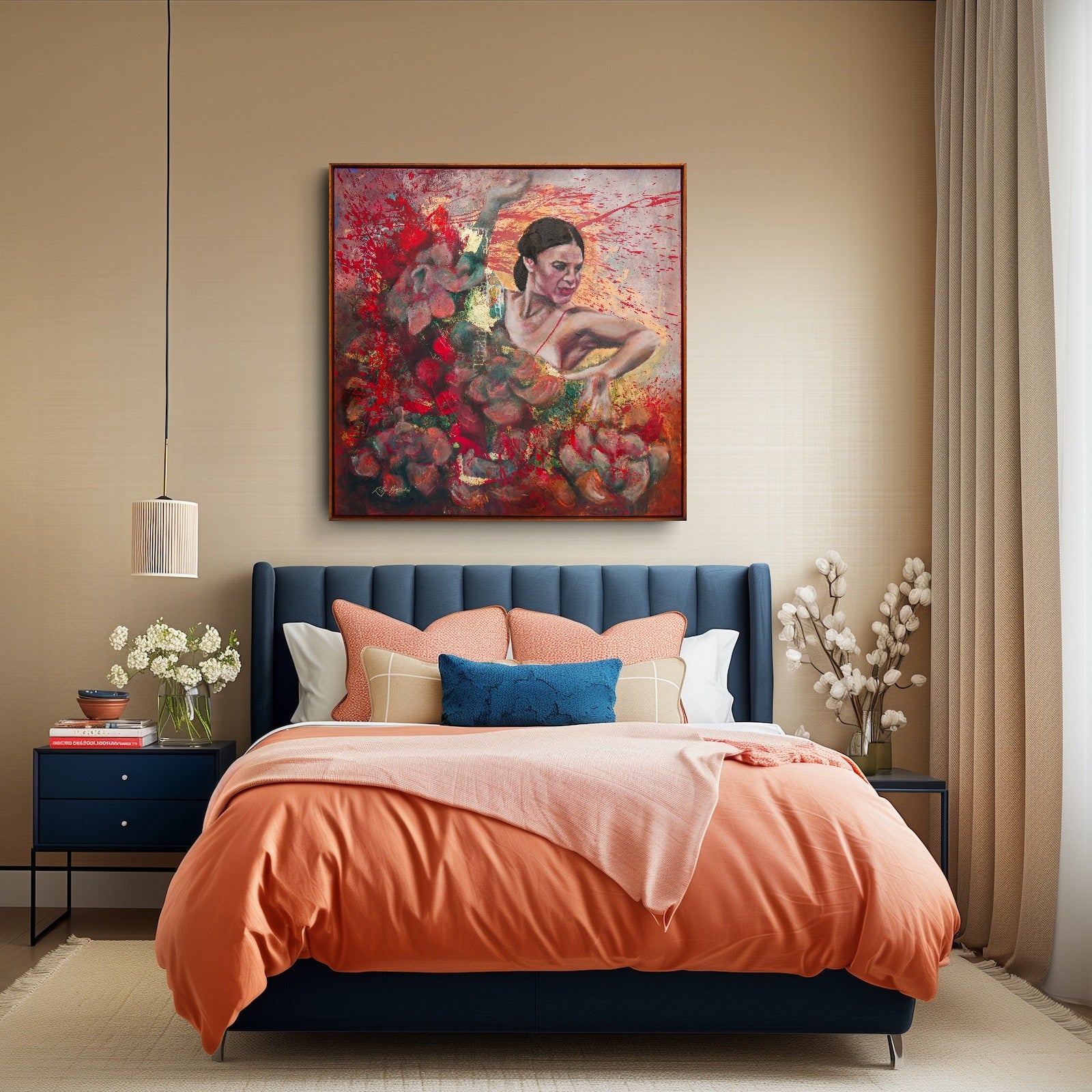 Modern bedroom with a blue bed, orange bedding, and colorful abstract painting on the wall.