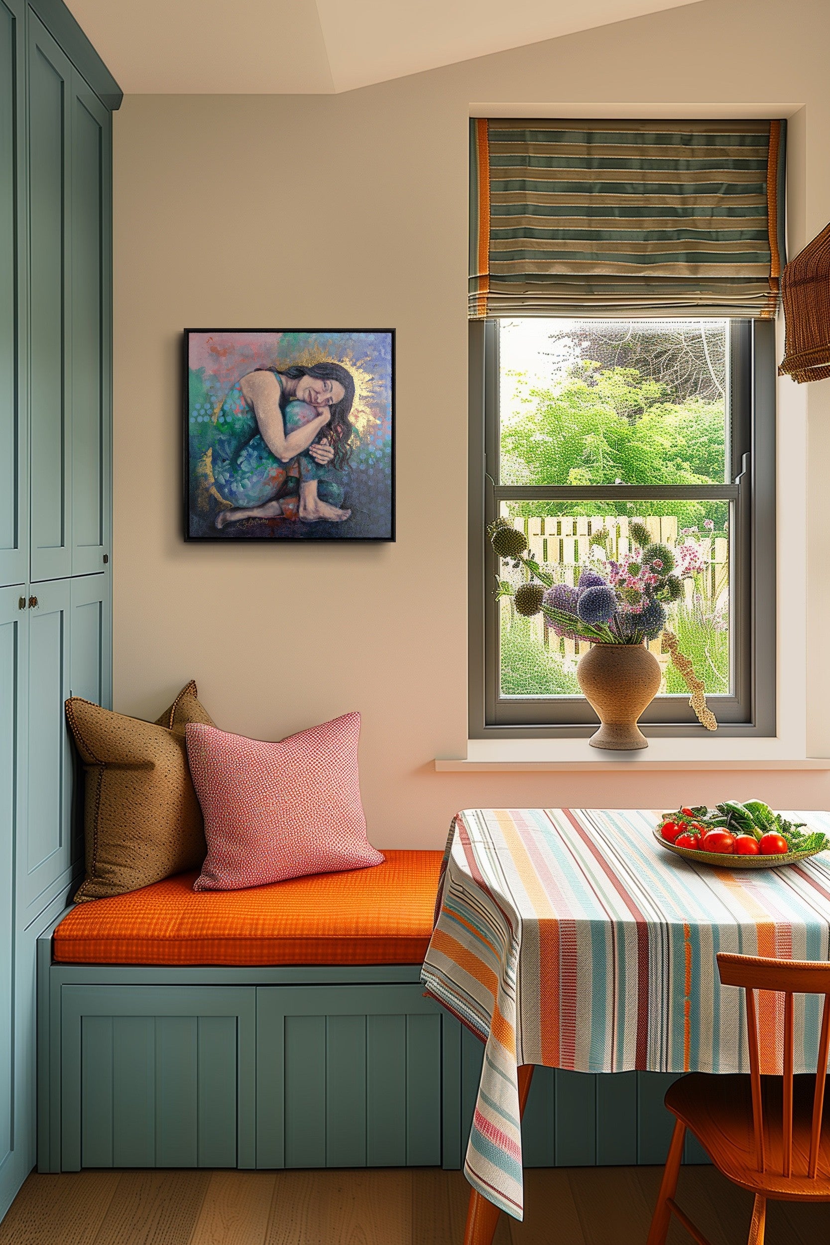 Nook with a window, colorful tablecloth, and decorative pillows.