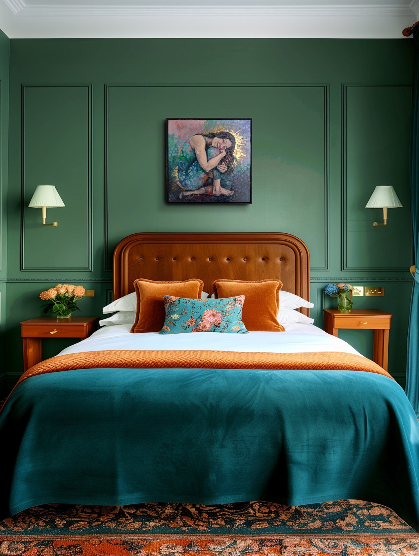 Bedroom with green walls, wooden headboard, and decorative pillows.