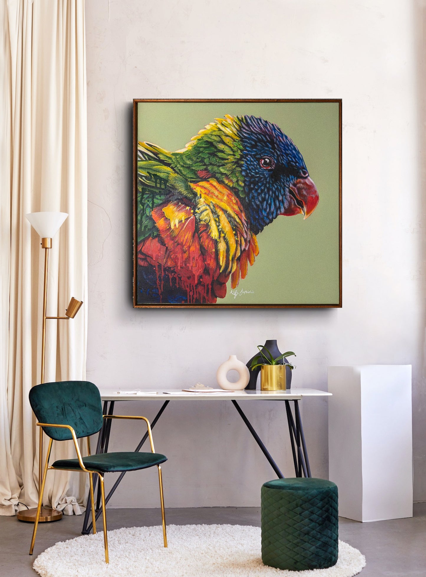 Rainbow lorikeet artwork in home office