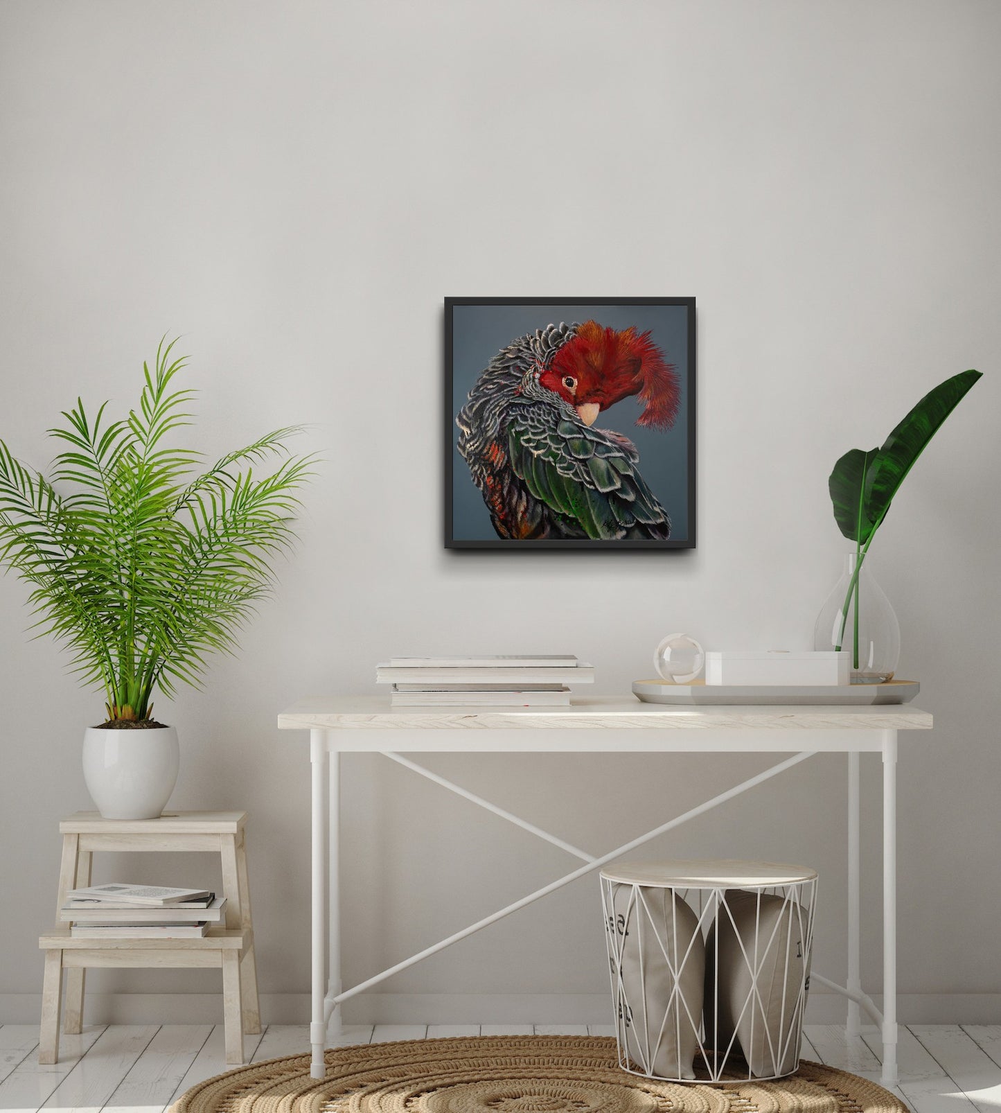 Garry the Gang-gang Cockatoo framed canvas print styled in an interior setting