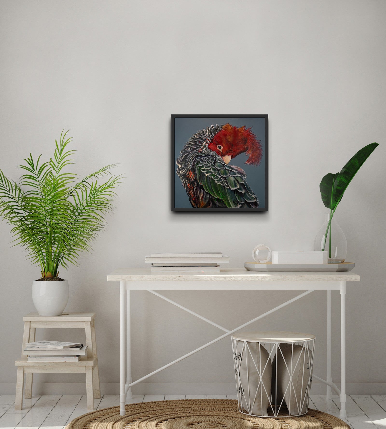 Garry the Gang-gang Cockatoo framed canvas print styled in an interior setting