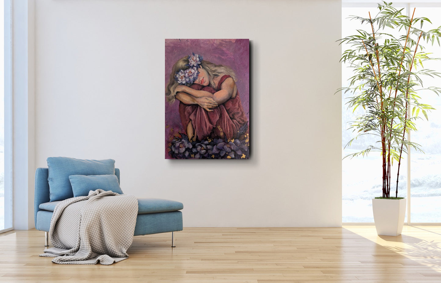 Original artwork Blooming Through the Night styled in a calm contemporary room with blue chaise lounge.