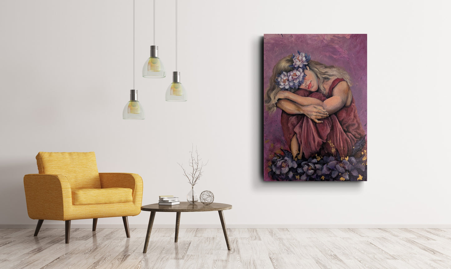 Large figurative floral artwork with purple tones and gold detail styled above a yellow chair.