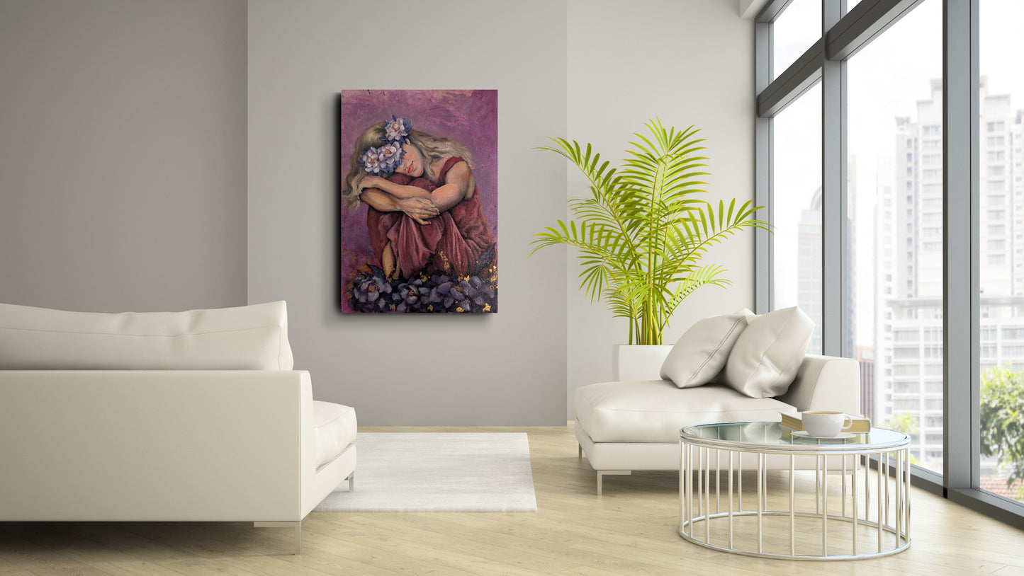 Blooming Through the Night artwork styled in a bright modern living room.