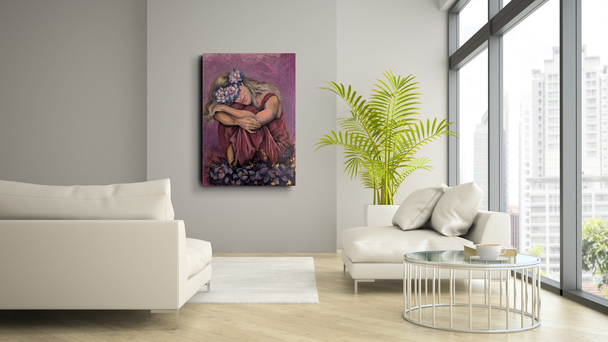Blooming Through the Night artwork styled in a bright modern living room.