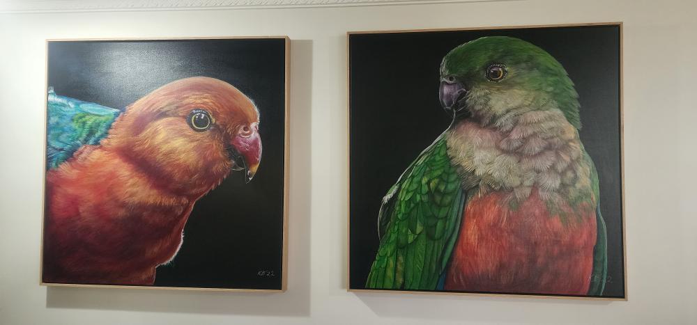 King Parrots – A striking diptych capturing Australia's vibrant native parrots in expressive detail. A dynamic two-panel artwork by Kelly Batsiokis.