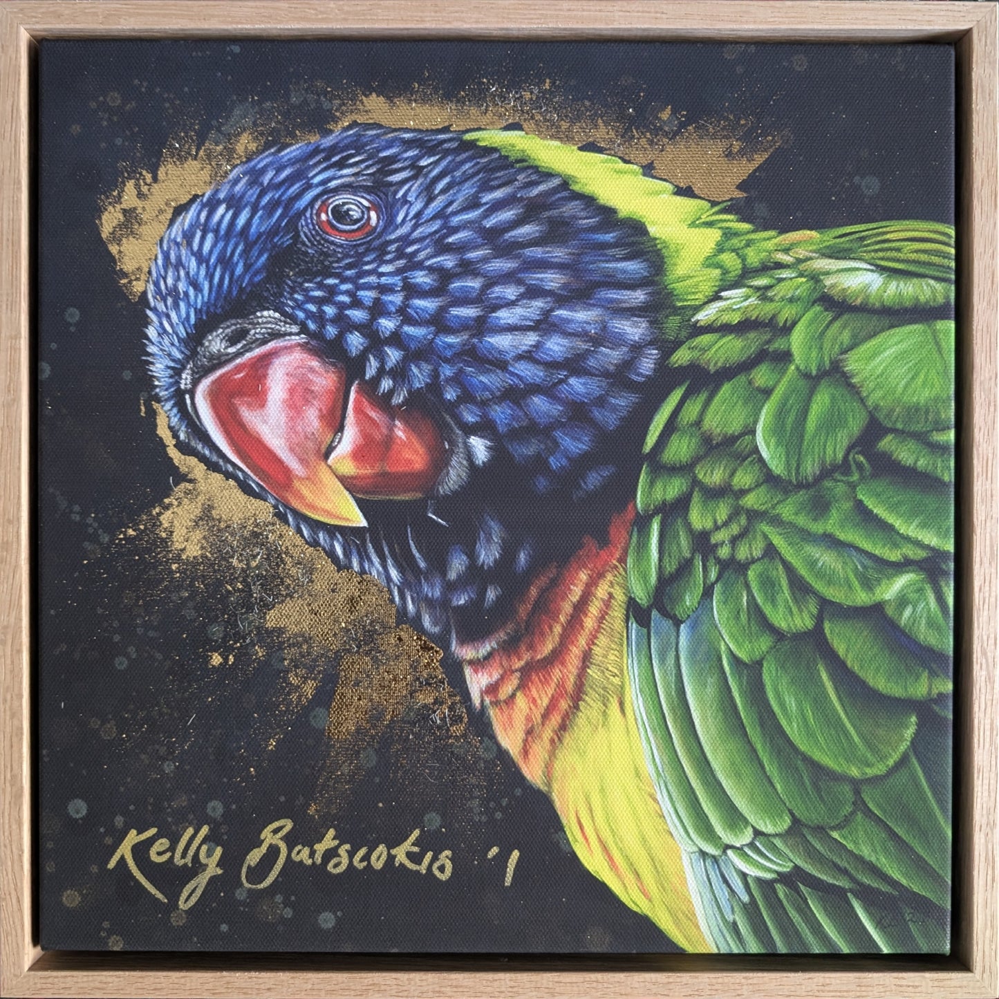 Framed fine art embellished print of Shazza the Rainbow Lorikeet.