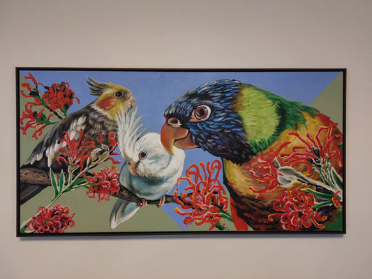 Feathered Frenemies – A bespoke artwork portraying three cherished pet birds, highlighting their unique personalities and vibrant interactions. By Kelly Batsiokis.