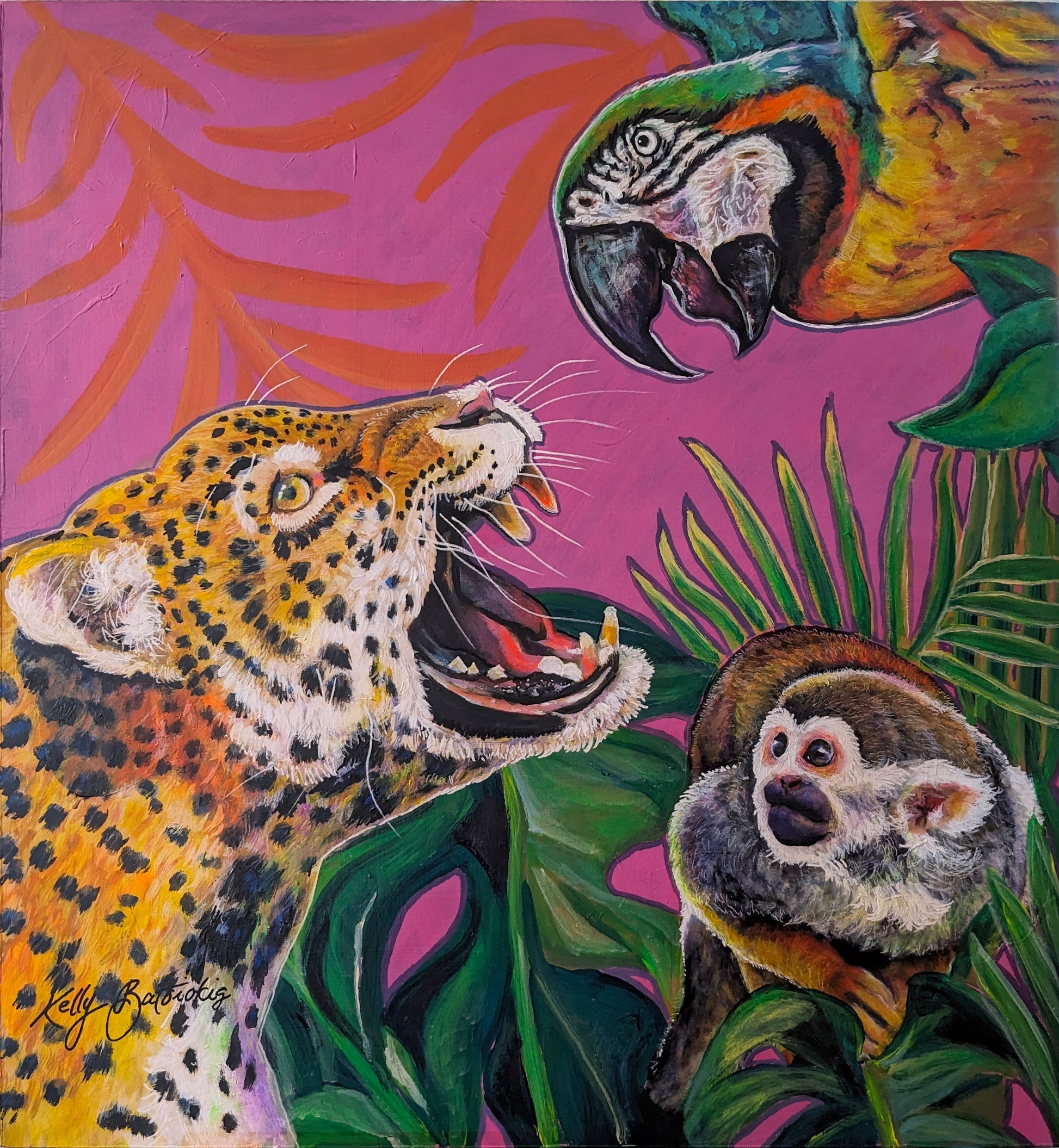 The Dispute – A vibrant acrylic painting featuring a squirrel monkey, jaguar, and macaw amidst a lively tropical backdrop. Art by Kelly Batsiokis.