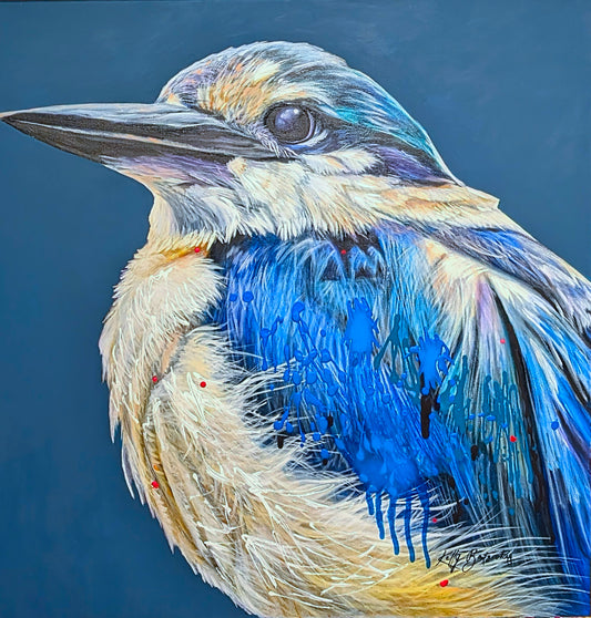 The Fisherman - Sacred Kingfisher – A vibrant acrylic painting capturing the striking turquoise and white plumage of the Sacred Kingfisher, perched gracefully, embodying the essence of Australia's avian beauty. Art by Kelly Batsiokis