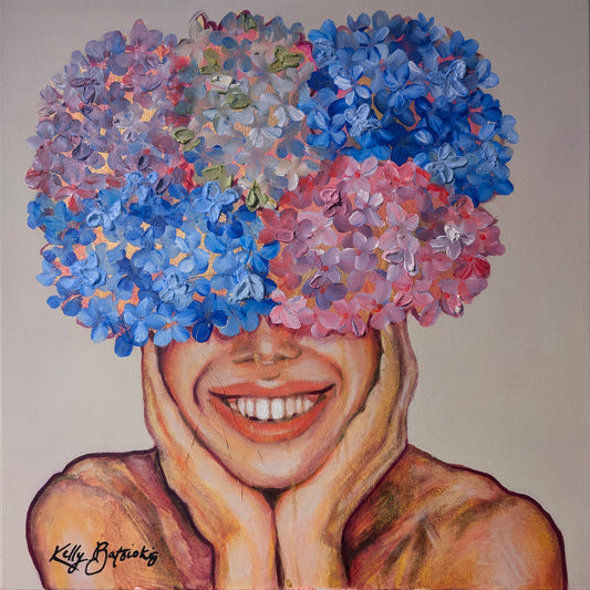 Petals and Positivity – A vibrant portrait adorned with lush florals, celebrating joy, self-expression, and nature’s beauty. Original art by Kelly Batsiokis.