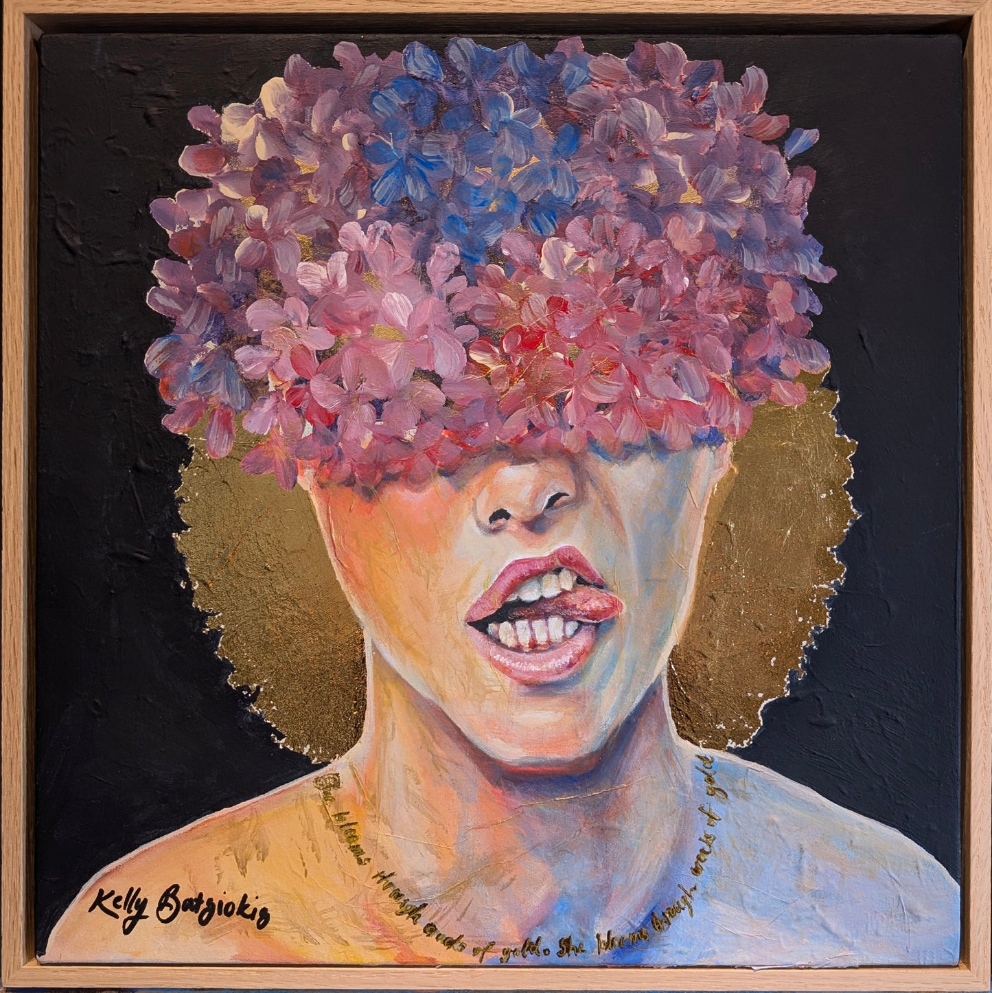 She Blooms Through Cracks of Gold – A textured, symbolic portrait celebrating resilience, growth, and beauty through adversity. Original artwork by Kelly Batsiokis.