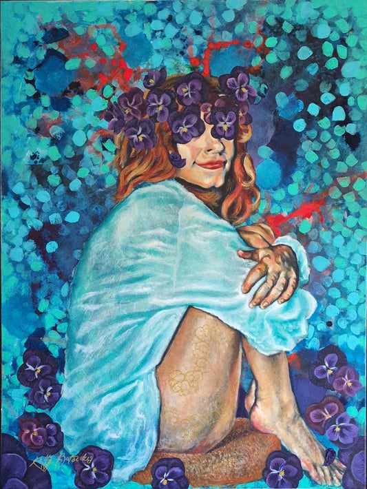 Cropped view of She Sat With Silence II — original mixed media painting by Kelly Batsiokis, featuring a curled feminine figure with gold pansies on her thigh, set against a softly textured background. Part of the Blooming Veil series.
