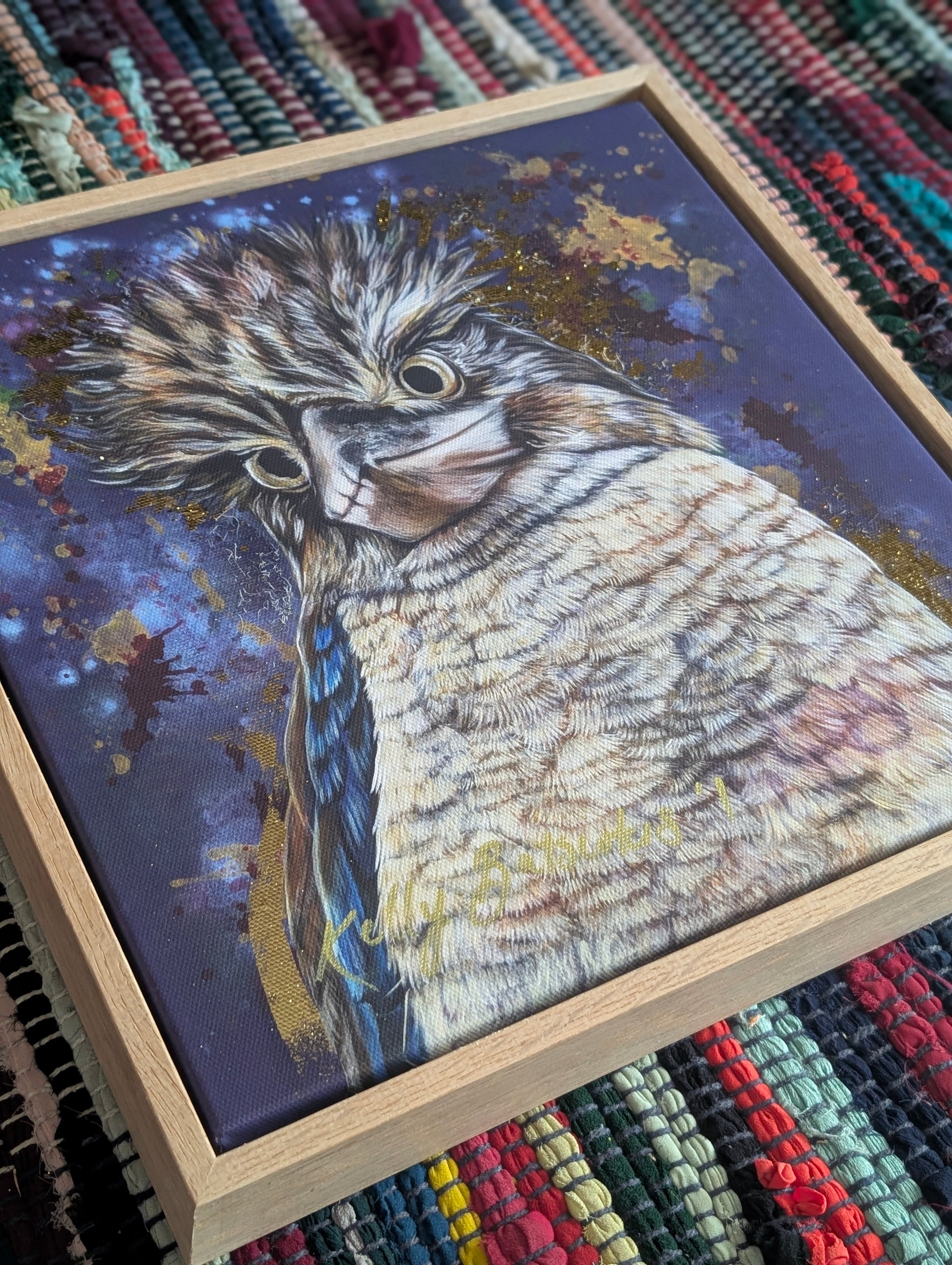 Framed fine art embellished print of Bazza the Kookaburra showing the quality of the oak frame.