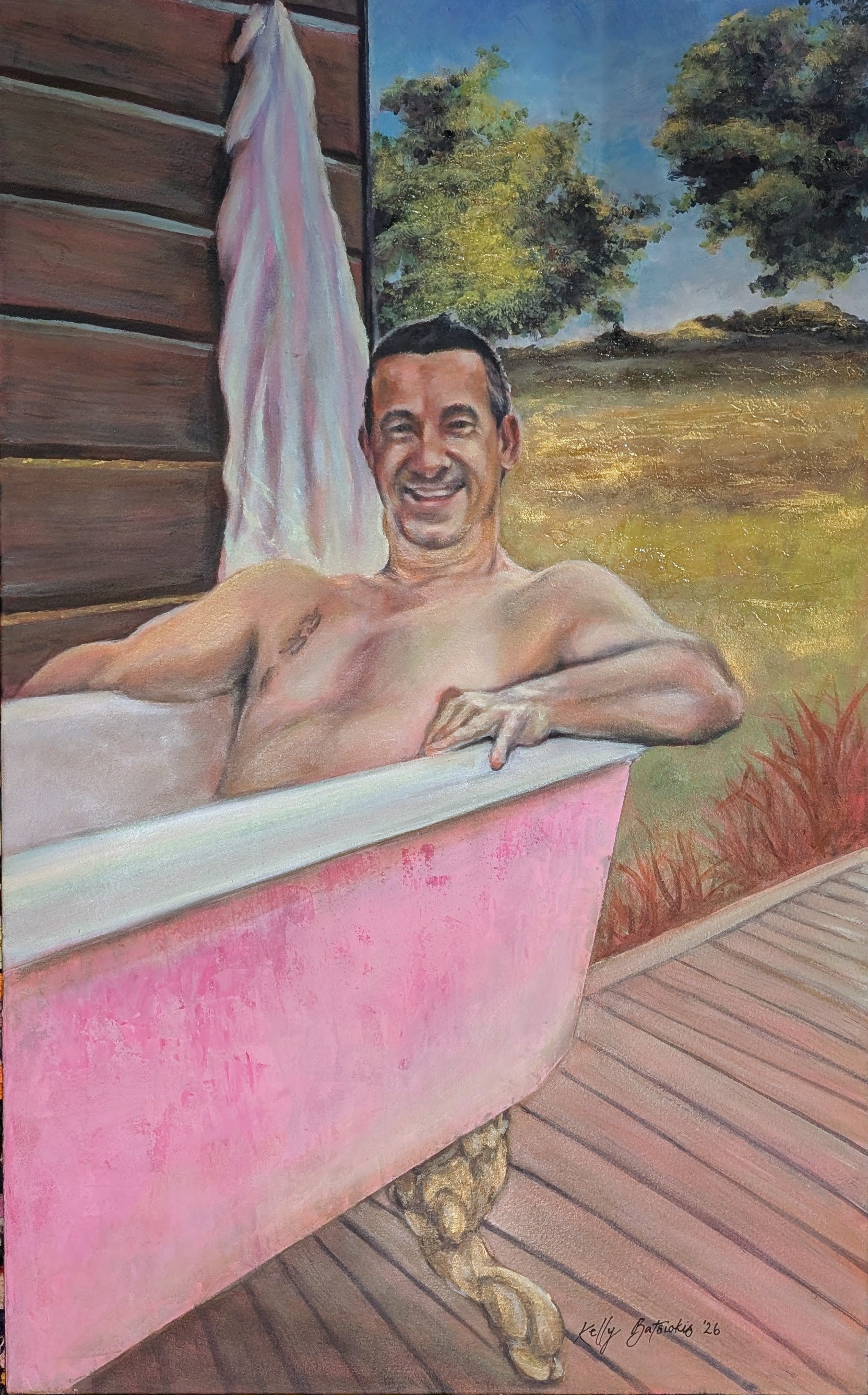 A commissioned memorial acrylic portrait of a man in a bathtub by Kelly Batsiokis