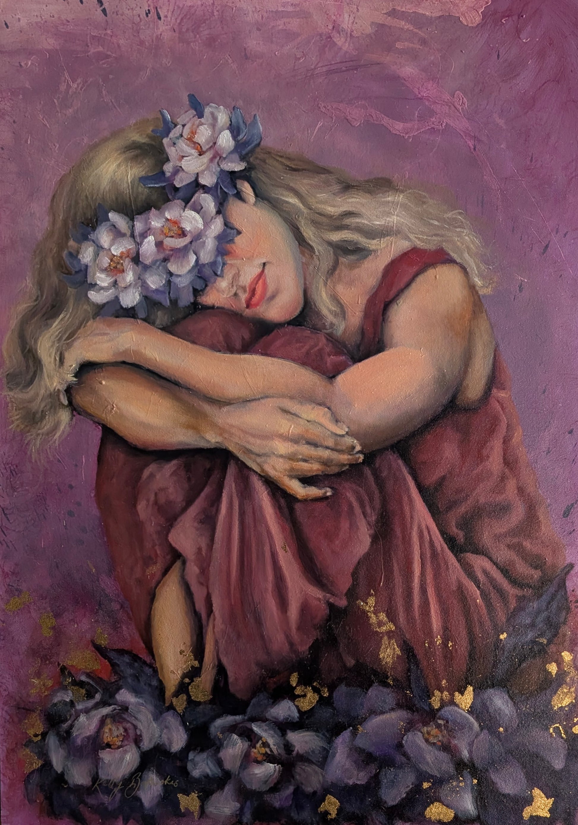 Original mixed media painting Blooming Through the Night by Kelly Batsiokis, showing a crouched woman with purple night flowers covering her eyes.