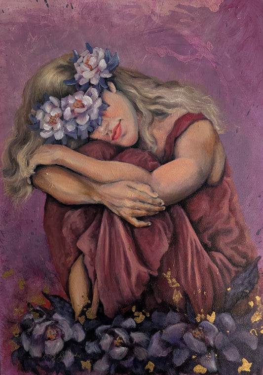 Original mixed media painting Blooming Through the Night by Kelly Batsiokis, showing a crouched woman with purple night flowers covering her eyes.