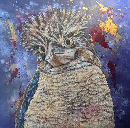 Bazza the Kookaburra (Original) – A vibrant acrylic painting capturing the curious gaze of a Blue-winged Kookaburra, featuring cool tones and dynamic splatters. Art by Kelly Batsiokis.