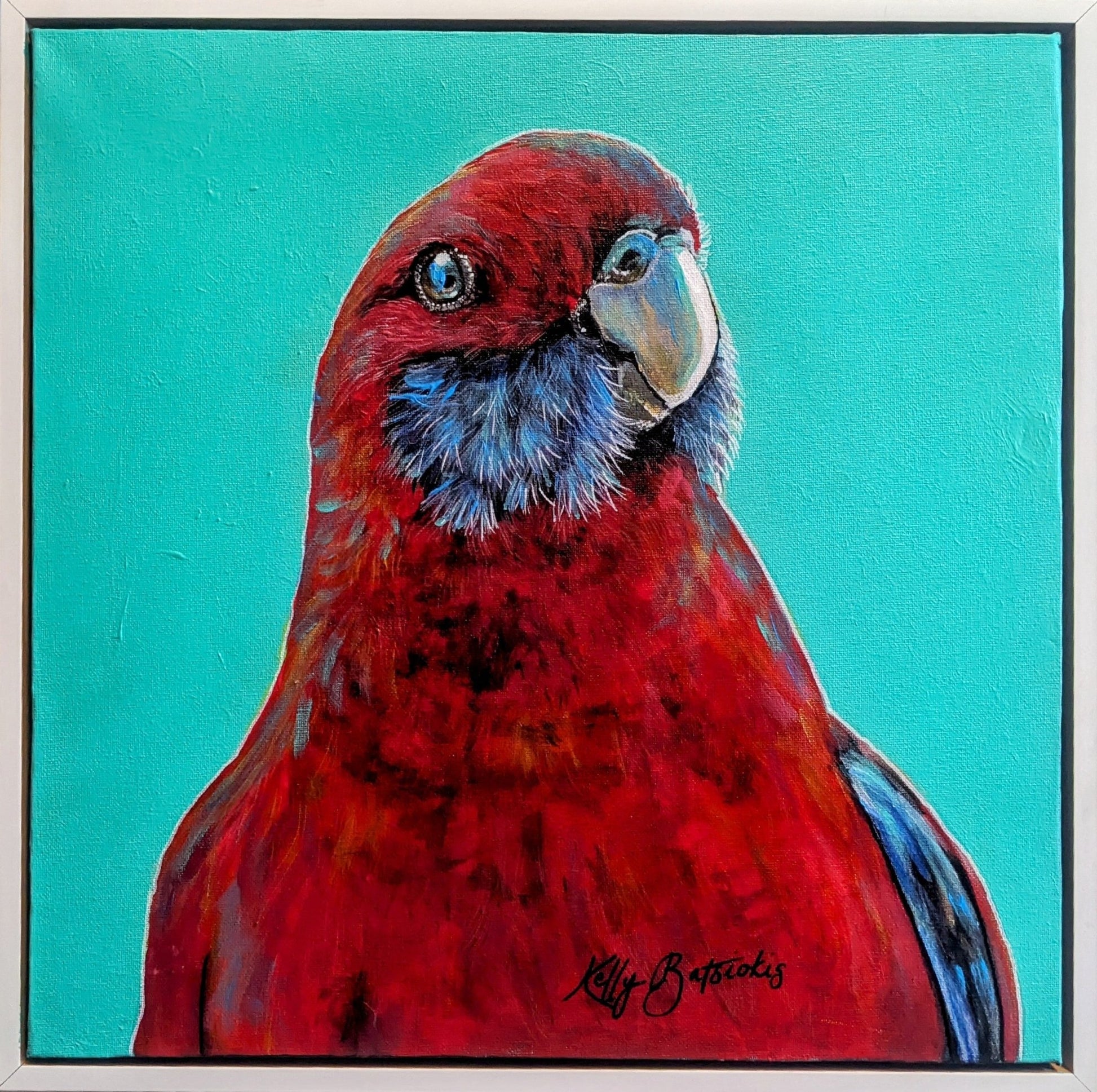 Big Red - Crimson Rosella – A vibrant acrylic painting capturing the striking beauty of a crimson rosella, showcasing its deep-crimson, royal-blue, and black plumage. Art by Kelly Batsiokis.