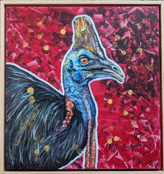 Charlie the Cassowary – A striking artwork capturing the power and presence of this iconic Australian bird. Bold, textured, and expressive. Art by Kelly Batsiokis.