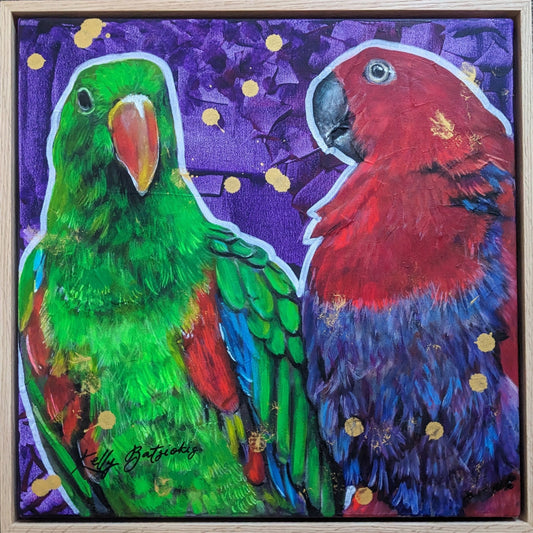 Eclectus Couple – A vibrant artwork celebrating the beauty and bond of these striking parrots, rich in color and texture. Original art by Kelly Batsiokis.