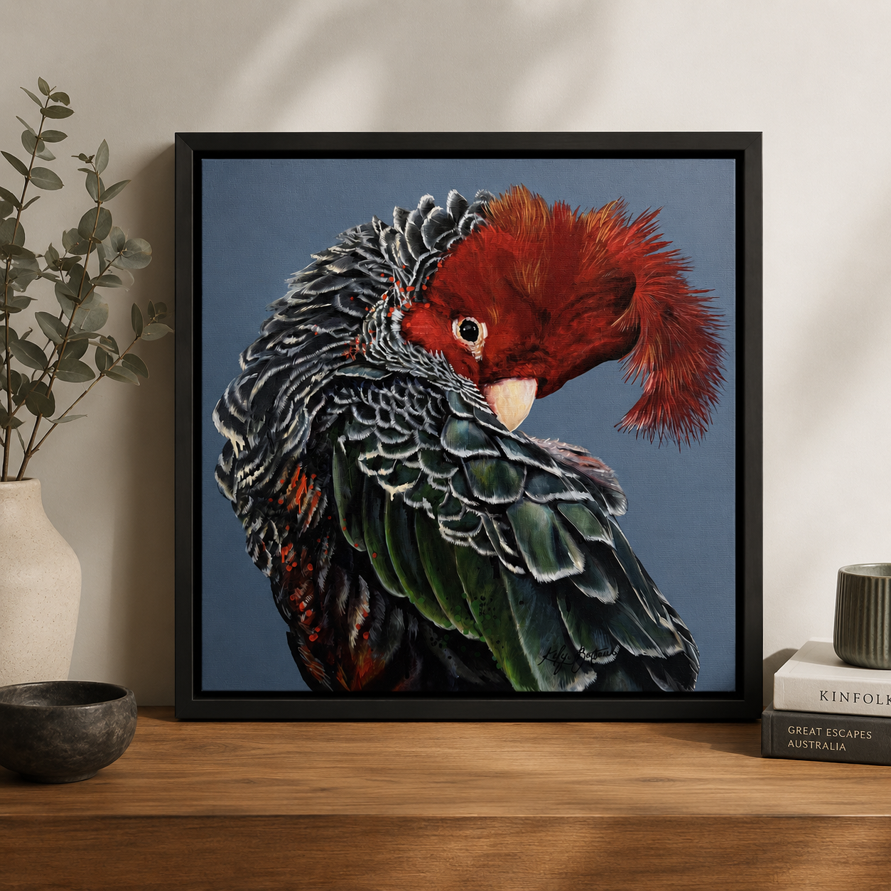 Garry the Gang-gang Cockatoo framed canvas print styled in an interior setting