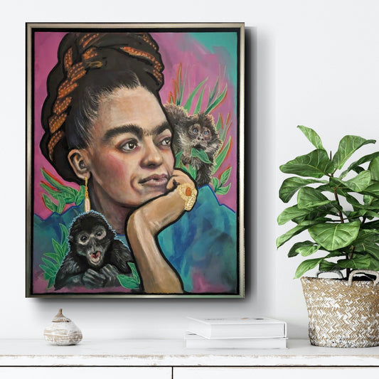 Frida and Friends – A vibrant acrylic painting portraying Frida Kahlo with two Mexican spider monkeys, celebrating her iconic connection to nature. Art by Kelly Batsiokis.