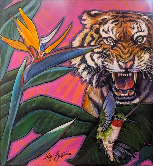 Hear Me Roar – A vibrant acrylic painting featuring a roaring tiger, symbolising strength and resilience. Original art by Kelly Batsiokis.