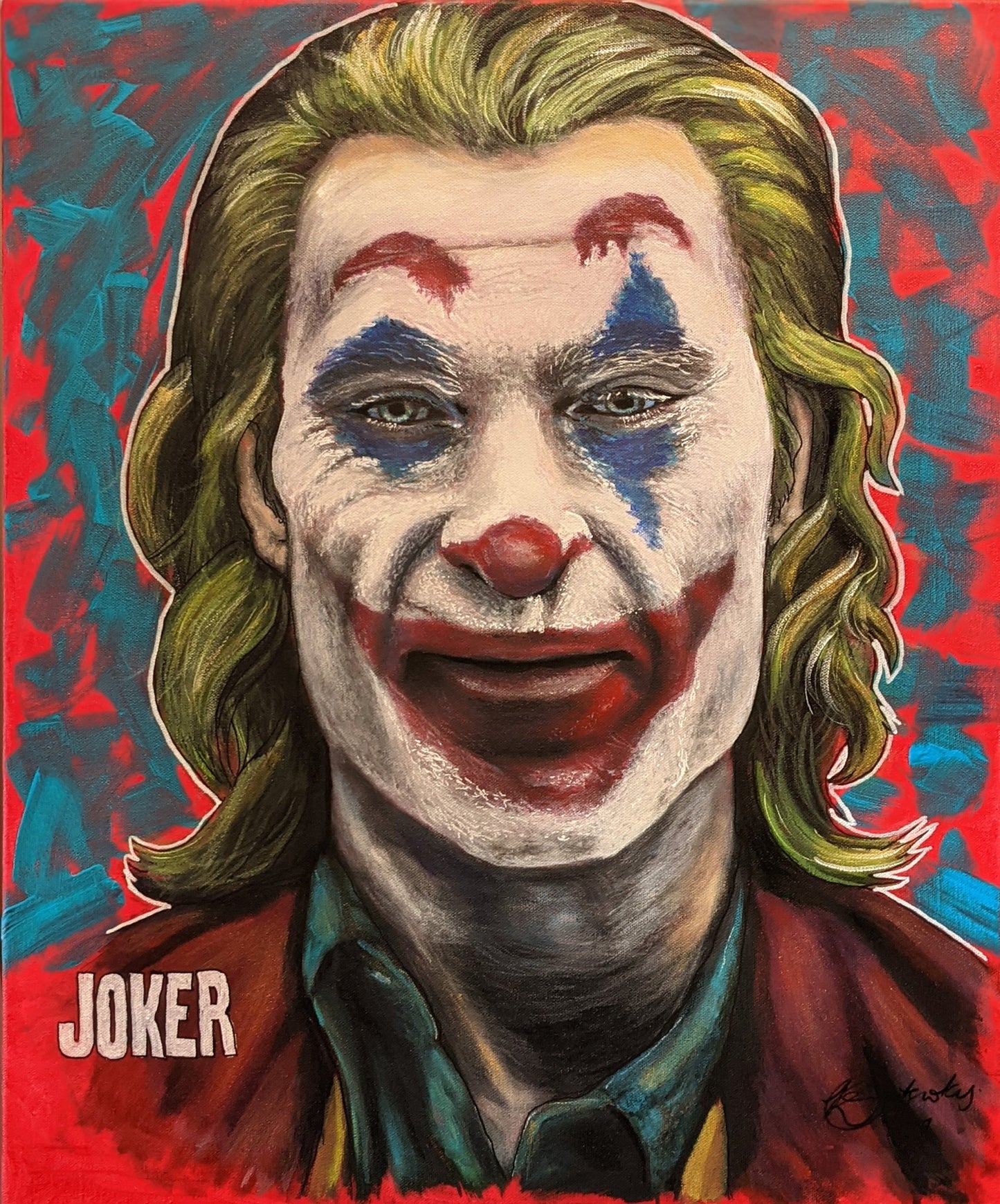 Just A Joker – A vibrant mixed media artwork capturing the enigmatic essence of the Joker, blending pop art elements with dynamic textures. Art by Kelly Batsiokis.